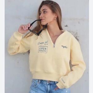 Mayfair Group S/M come in we’re open minded butter yellow blue quarter-Zip